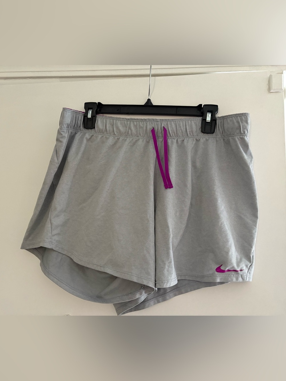 Nike Light Gray Women's Athletic Shorts with Purple Drawcord